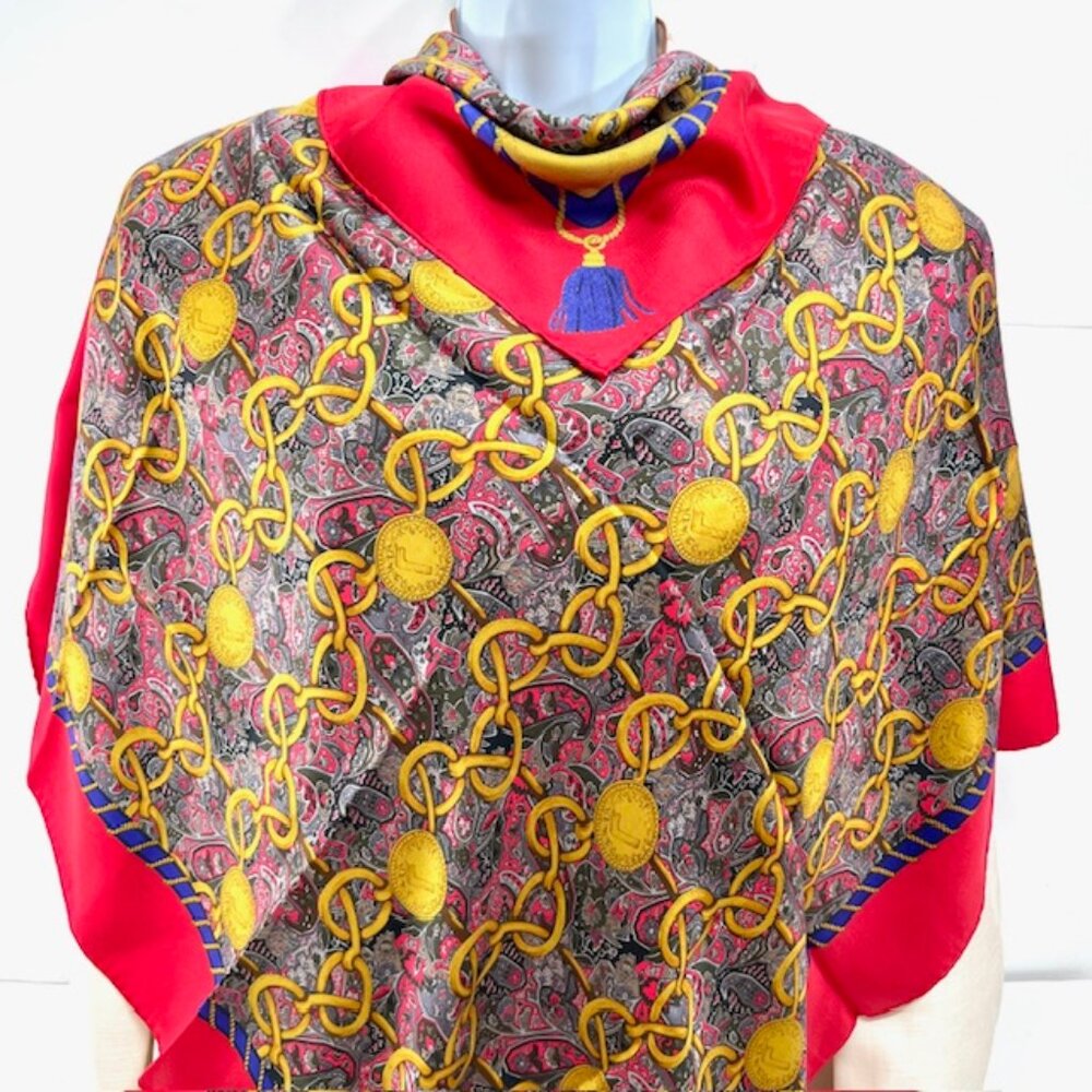 Unused Beautiful Lancel 100% Silk Satin Scarf 34" Red Burgendy Gold Paisley (58 - Picture 11 of 11